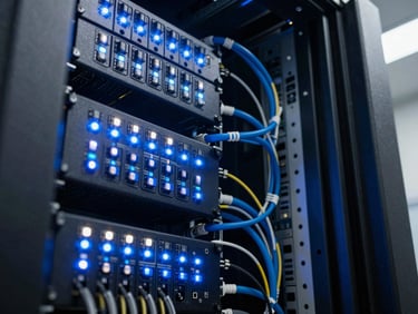 Tight close-up of dense server rack interior, blinking status LEDs in electric blue and white, cables precisely routed, bright overhead lighting, no people, clinical and precise