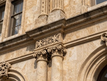 Tight architectural detail shot of an ornate heritage building facade, carved stone masonry under bright daylight with crisp clinical framing, shallow depth of field on surface texture, no people, no warm golden tones