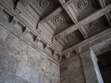 Tight architectural detail of a historic stone building interior, ornate carved ceiling with precise overhead lighting, no people, cool neutral tones, framing emphasizes irreplaceable aged material