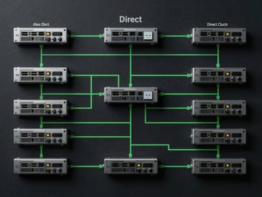 Direct flat-lay screenshot of a complex network topology diagram with clean green lines and terminal console interfaces on a dark background.