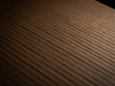 Close-up of brown corrugated cardboard texture, sharp focus, low-key moody lighting, warm gold highlights, 35mm lens, industrial discipline.