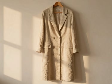 Medium-close editorial shot of a tailored beige linen dress hanging against a minimalist cream plaster wall, soft golden-hour light, 35mm.