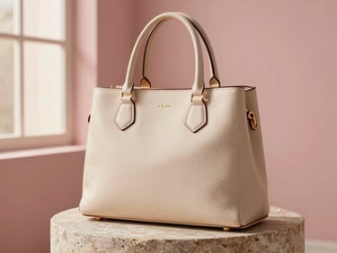 Close-up of a structured leather handbag on a stone pedestal, warm diffused window light, dusty pink background, shallow depth of field.