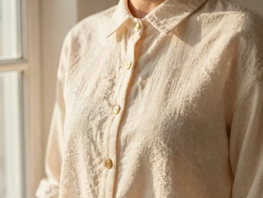 Close-up of a softly structured cream linen blouse, delicate gold button details, warm window light.