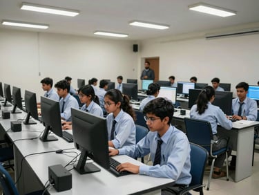 Medium-wide shot of a college computer lab in Punjab — rows of desktop computers on white desks, students in school uniforms seated and working, fluorescent overhead lighting, instructor standing at the far end of the room, no posed subjects