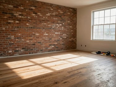 Wide interior shot of an empty renovated DFW room — exposed brick wall to the left, new oak flooring catching north-facing window light, construction tools resting on a dustsheet in the far right corner, natural daylight raking across material transitions