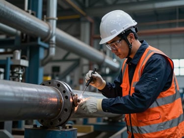 An industrial engineer in clean high-visibility vest and hard hat performing ultrasonic testing on a thick steel pipe joint inside a plant.