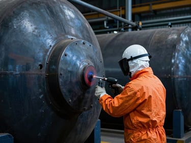 Industrial worker in complete sandblasting protective suit and helmet blasting a massive steel tank, high-pressure grit, dramatic lighting.