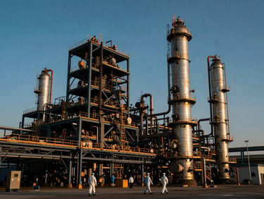 Wide-angle dramatic shot of a massive industrial petrochemical plant at golden hour, high-contrast steel structures, engineers in full PPE walking in the lower third, 35mm lens