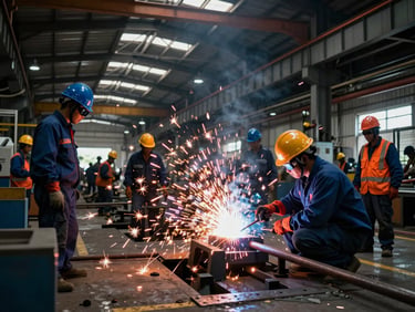 Wide-angle environmental shot of an active industrial fabrication shop in the Philippines, dramatic welding sparks flying, workers in complete spotless PPE and hard hats, high-contrast structural lighting.