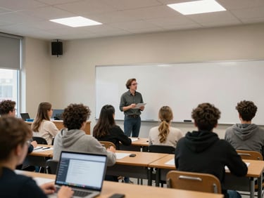Wide shot of a workshop facilitator at a whiteboard in an ordinary classroom, mixed-age group seated and engaged, overhead fluorescent light, laptop screen visible in foreground showing a chat interface, no dramatic lighting