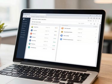 A close-up of a sleek laptop screen displaying clean software integration dashboards, soft natural lighting, professional setting, 35mm