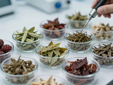 Close-up of agricultural product samples in clear containers undergoing professional laboratory grading and compliance testing under clean, bright white lighting.