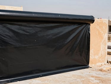 Tight detail shot of a black HDPE self-adhesive waterproofing membrane being rolled onto a basement foundation wall on a Dubai construction site.