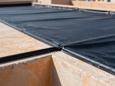 Macro close-up of a neat waterproofing joint sealant application on a concrete roof structure, bright daylight, high contrast.