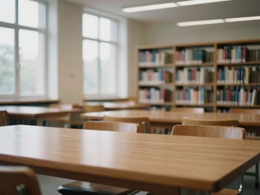 A quiet university library interior with wooden tables and bookshelves, soft natural window light, muted academic tones, shallow depth of field, 35mm