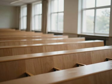 A wide environmental shot of an empty elegant lecture hall, soft natural window light, muted academic tones, shallow depth of field, 35mm
