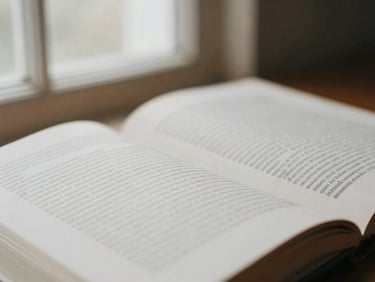 Close-up of a physical book texture with printed pages, soft natural window light, muted academic tones, shallow depth of field, 35mm