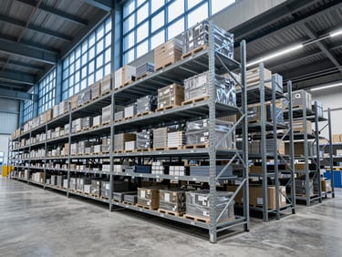 Interior of a modern automated distribution center, high steel shelving, cool blue daylight filtering through high windows, clean concrete floor