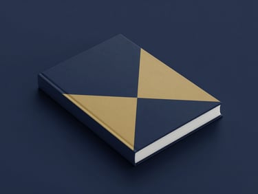 Minimalist 3D book mockup with abstract geometric shapes on the cover, deep navy background, soft studio lighting