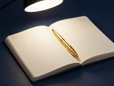 An open notebook with neat handwriting, elegant brass pen, warm overhead light, clean aesthetic