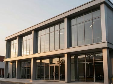 Sleek low-rise commercial building with a glass facade, structural steel columns, clean lines, late afternoon sun