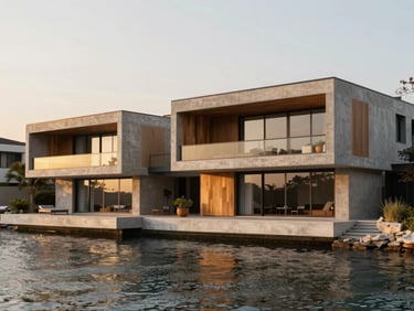 Modern waterfront villa with deep overhangs, concrete and teak wood construction, calm water in foreground, golden hour light