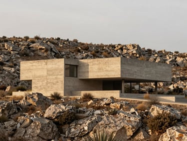 Brutalist concrete villa nestled into a rocky hillside, sparse dry vegetation, soft overcast daylight, architectural wide angle