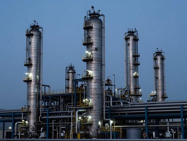 Wide environmental shot of a heavy industrial refinery at dusk, cool blue ambient lighting, sharp technical details of piping and structural steel, graphite tones