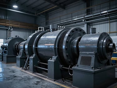 Wide-angle industrial plant interior, high-contrast graphite tones, sharp technical details of rotating machinery under cool blue ambient light, 35mm lens