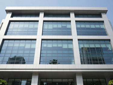 Bright corporate photography of a modern BCA Finance office facade in Jakarta, clean natural daylight, straight-on eye-level composition, high-resolution 35mm