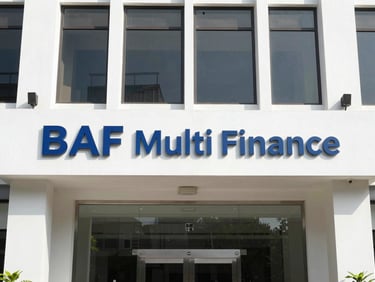 Bright corporate photography of a modern BAF multi-finance office facade in Indonesia, clean natural daylight, straight-on eye-level angle, highly legible signage