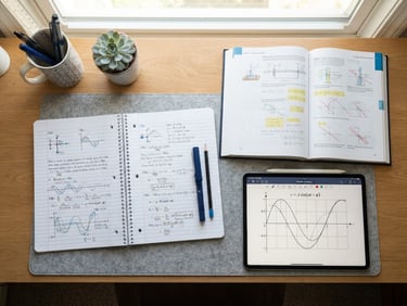 Overhead shot of an organized study desk with a physics notebook, open textbook with clean hand-drawn diagrams, and a sleek digital tablet showing a graph.