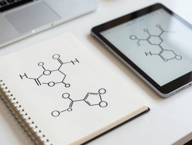 Overhead shot of an organized study desk, a physical notebook with hand-drawn organic chemistry molecules next to a clean tablet displaying a structural diagnostic node graph, sharp focus, daylight.