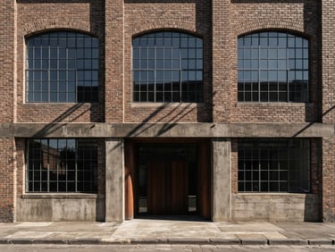 Straight-on architectural elevation of a historic brick commercial facade, large steel-framed windows, hard direct sunlight casting sharp geometric shadows, raw concrete texture, minimalist composition.