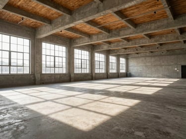 Wide-angle view of a large, empty industrial loft space with high ceilings, concrete floors, and large windows, sharp geometric shadows.