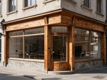 Exterior shot of a historic corner building with large display windows, warm timber accents, and natural daylight.