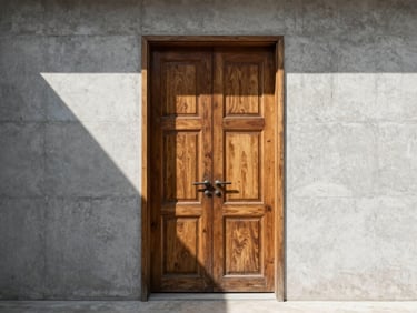 Close-up of a sturdy, restored wooden door with original hardware, set in a concrete wall, illuminated by a single shaft of direct sunlight, minimalist architectural photography.