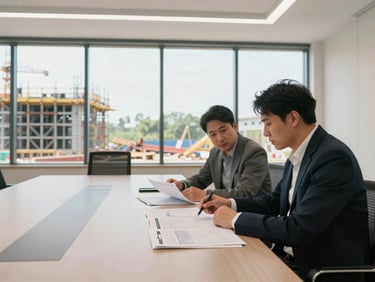 Wide shot from the right side of a construction site meeting room, two figures in concentration reviewing cost schedule documents spread across a table, daylight through large windows, clean and even lighting, structural steelwork visible through the glass in the background
