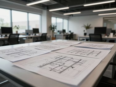 Wide shot of an open-plan site office interior, drawings and schedules spread across a table, even daylight through windows