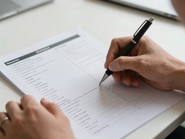 Tight framing of a person annotating a printed programme schedule with a pen, plain desk surface, clean daylight