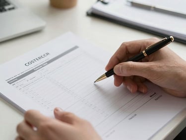 Close-up of hands reviewing a cost schedule document on a desk, natural office daylight, precise framing