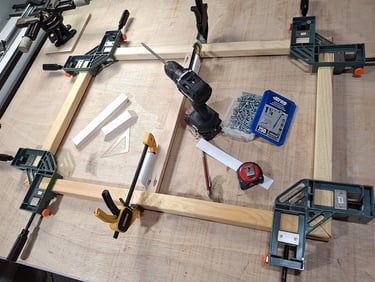 Squaring the canvas stretcher bars.