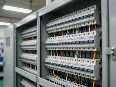 Electrical distribution panel fully wired and installed — neat cable bundles, labelled circuit breakers, industrial-grade metalwork, bright fluorescent workshop lighting, no personnel visible