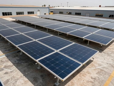 Rows of high-quality solar panels mounted on a modern industrial warehouse roof under intense Moroccan sun.