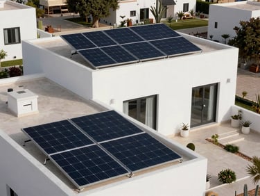 Modern Moroccan villa featuring integrated rooftop solar panels, clean white architecture, minimalist garden.