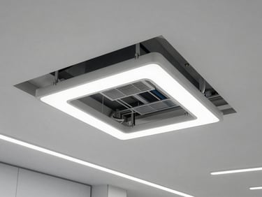 Overhead view of a completed suspended technical ceiling — recessed LED panels, ventilation grilles, and cable trays visible through open access hatch, clean geometry, bright ambient light, empty professional space below