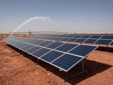 Solar panels powering an agricultural irrigation system in a Moroccan farm, red soil, clear sky, water spraying in the background.