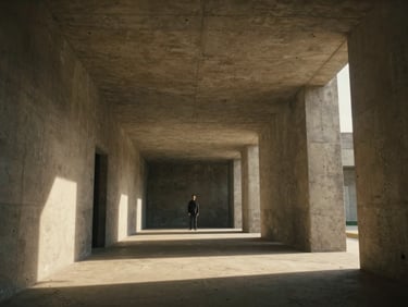 Cinematic film still, low-angle shot of a lone figure in a brutalist concrete hall, dramatic amber key light, high-contrast shadows.