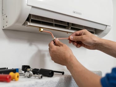 Close-up of a technician's hands attaching a copper refrigerant line to an indoor AC unit mounted on a whitewashed wall, tools spread on a cloth below